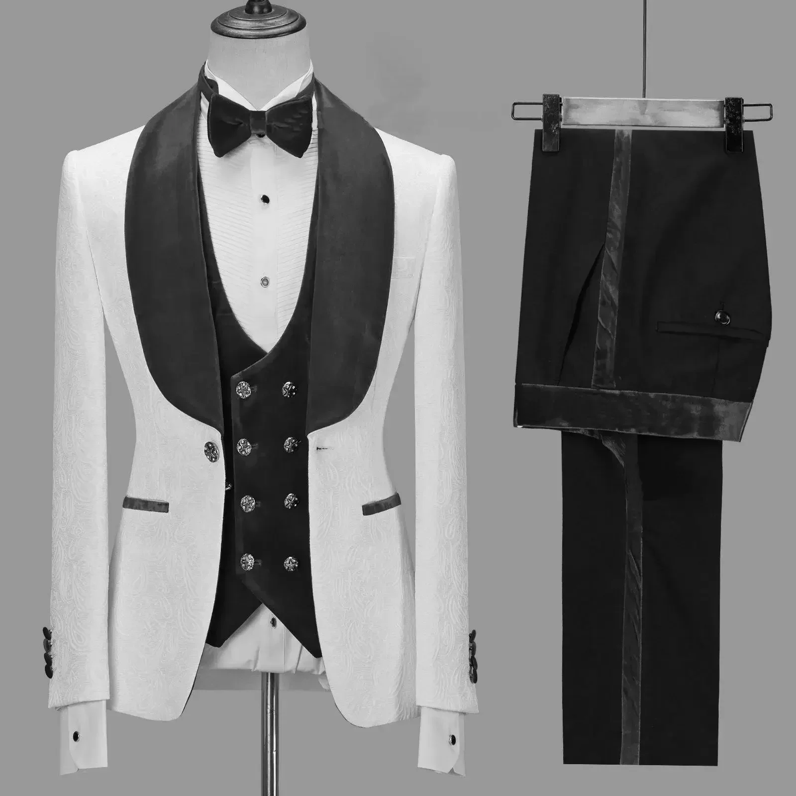 Ternos formais masculinos para casamento, slim fit, smoking, 3 peças, xale de veludo, lapela, traje de noivo, blazer floral, colete com calça