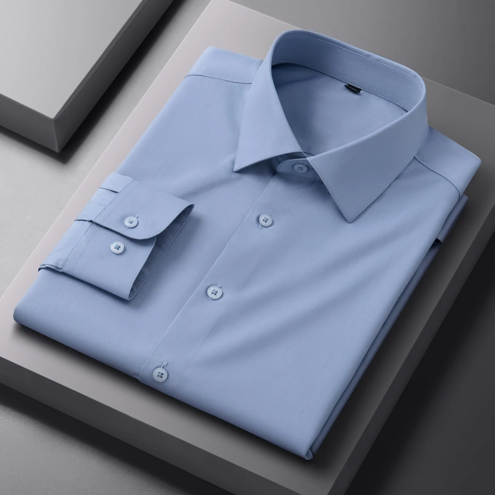 

Мужская однотонная классическая рубашка с длинным рукавом и воротником-стойкой — всесезонные деловые рубашки без карманов без морщин, удобные в уходе