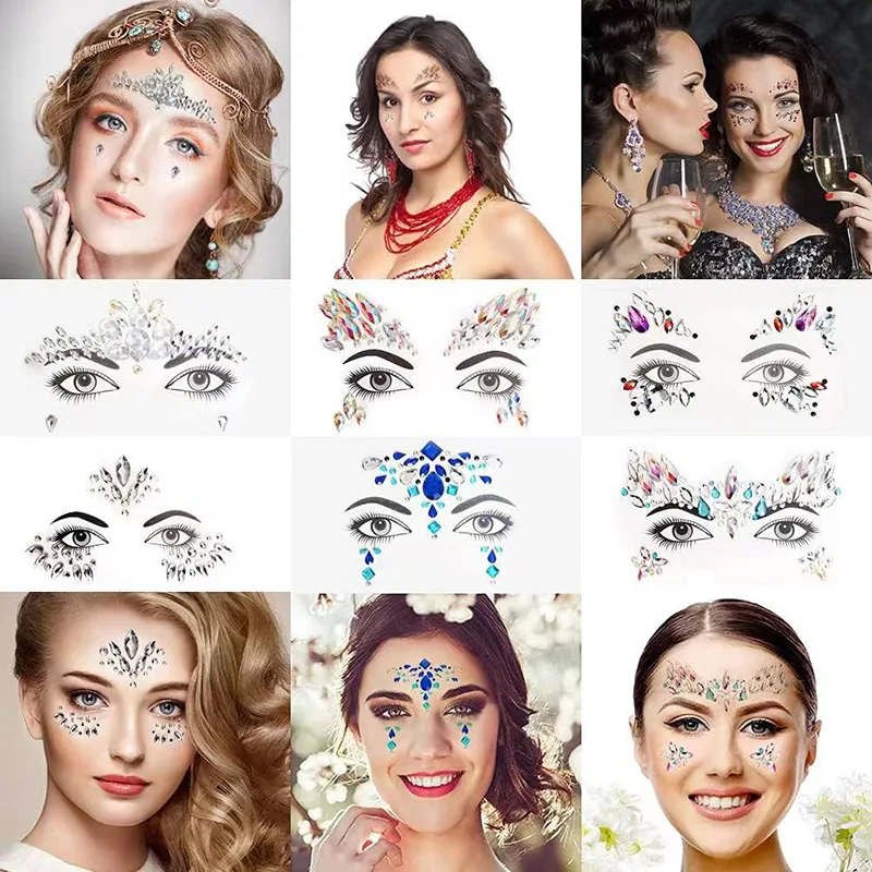 6pcs Face Festival Stickers 3D Diamond Temporary Tattoo Kids Show Makeup Halloween Party DIY Face Jewelry Tattoo Decoration