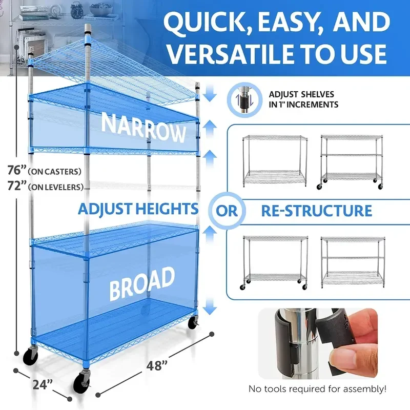4000 LBS Heavy Duty Wire Rack 48 x 24 x 76 5-Tier NSF Commercial Rolling Rack with 4 Industrial Casters Chrome Metal Wire