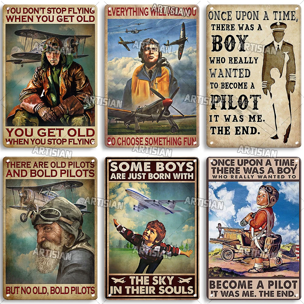 ARTISIAN Male Pilot And Airplane Decorative Plate Vintage Metal Poster Man Cave Home Wall Decor Sign Retro Wall Metal Tin Sign