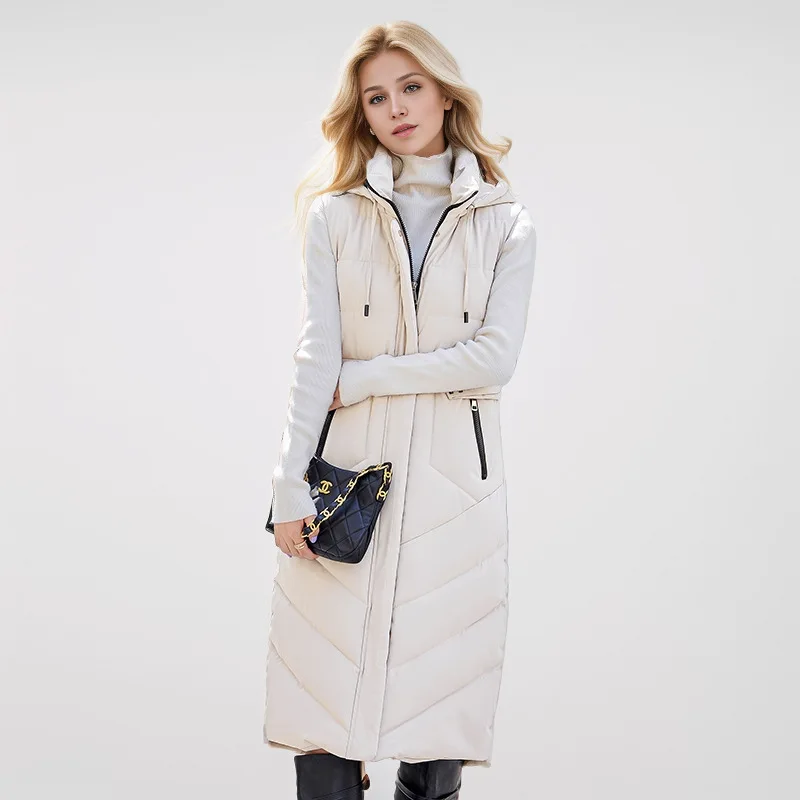 2024 Fashion Winter Long Vest Woman Outerwears Hooded Elegant Thick Warm Winter Jackets Coat Female Sleeveless Down Cotton Parka