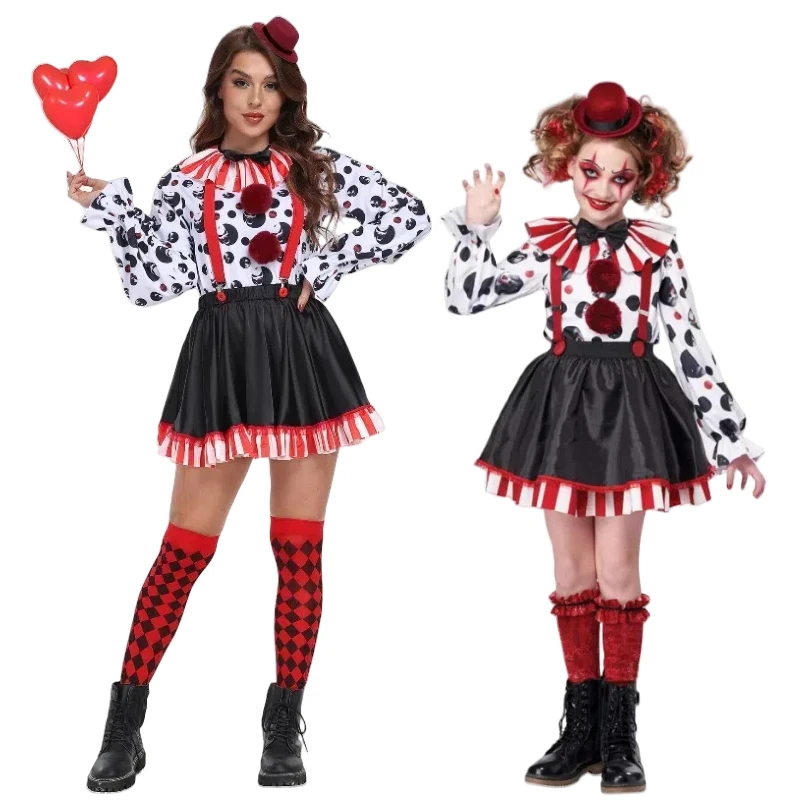 

Women Clown Cosplay Vampire Skull Costume Stage Performance Clothes Top Skirt Hat Full Set for Women Girls Halloween Party