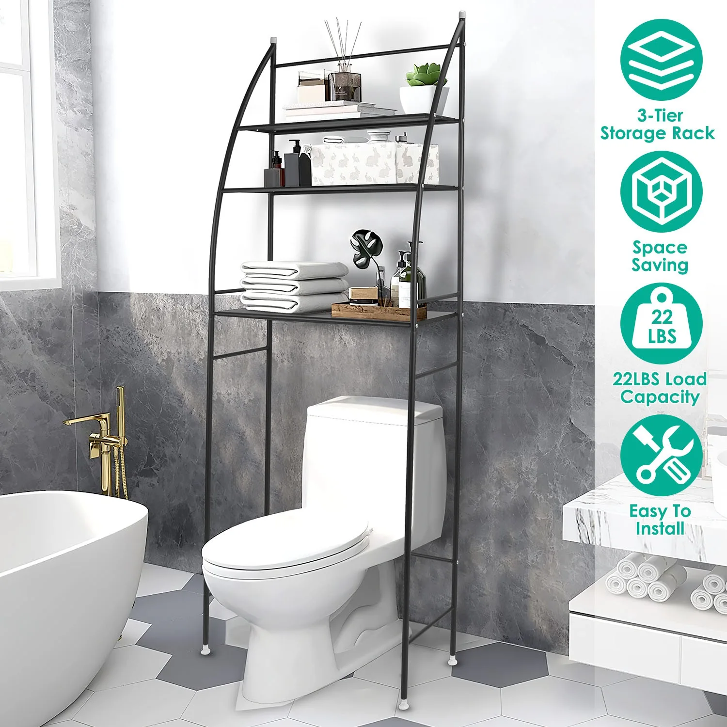 

3 Tier Bathroom Over the Toilet Storage Shelf Free Standing Laundry Room Organizer Space Saver Rack（Black）