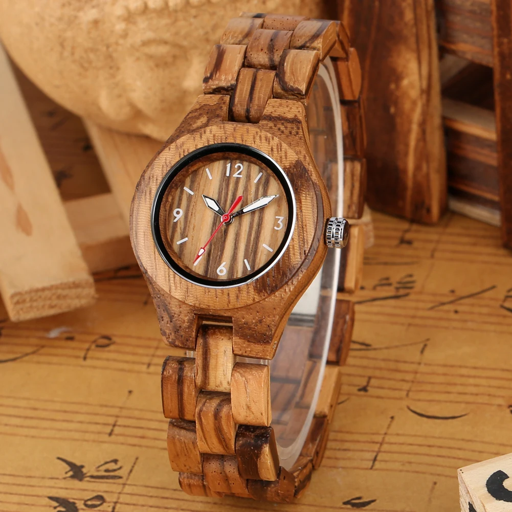 Zebrawood/Bamboo Watch Case Quartz Wristwatches for Women Arabic Numerals Round Dial Wooden Bangle Watch Band Ladies Watch Gift