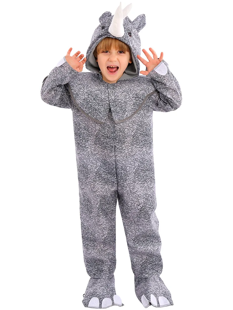 Halloween Outfit Mascotte Dieren Neushoorn Cosplay Grappig Kind Kostuum Voor Kinderen Grijze Jumpsuit Met Hoofddeksels