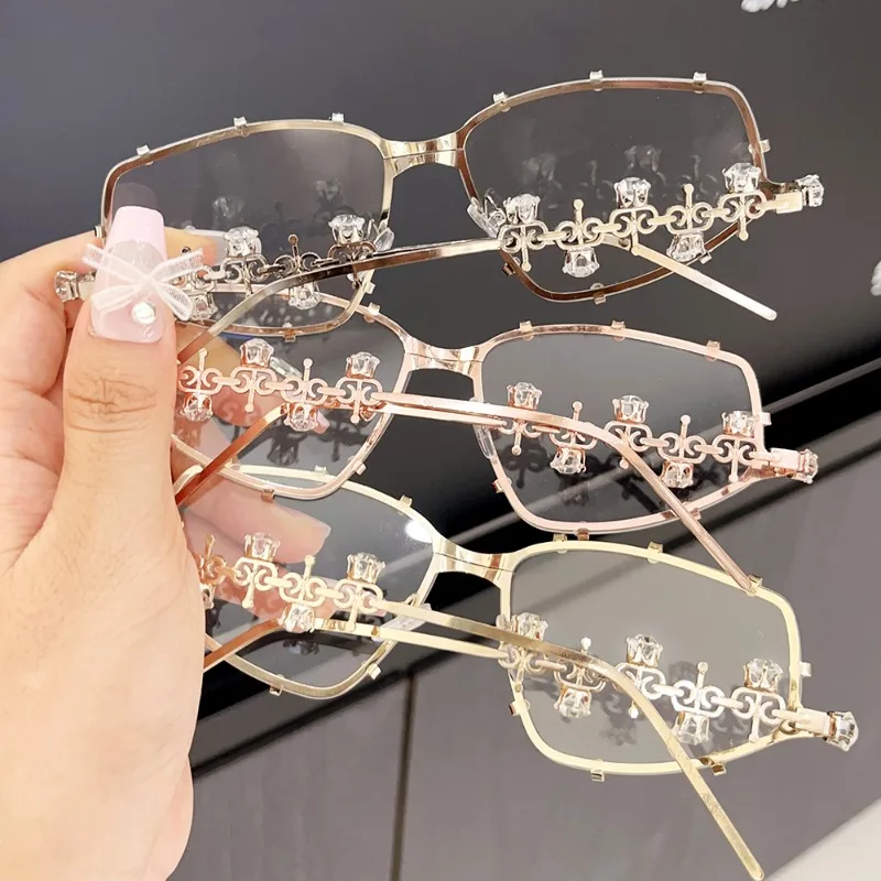 Rhinestone Special-shaped Glasses Women Men Fashion Oversized Cat Eye Glasses Metal Oval Shades Frame Vintage Party Eyeglasses