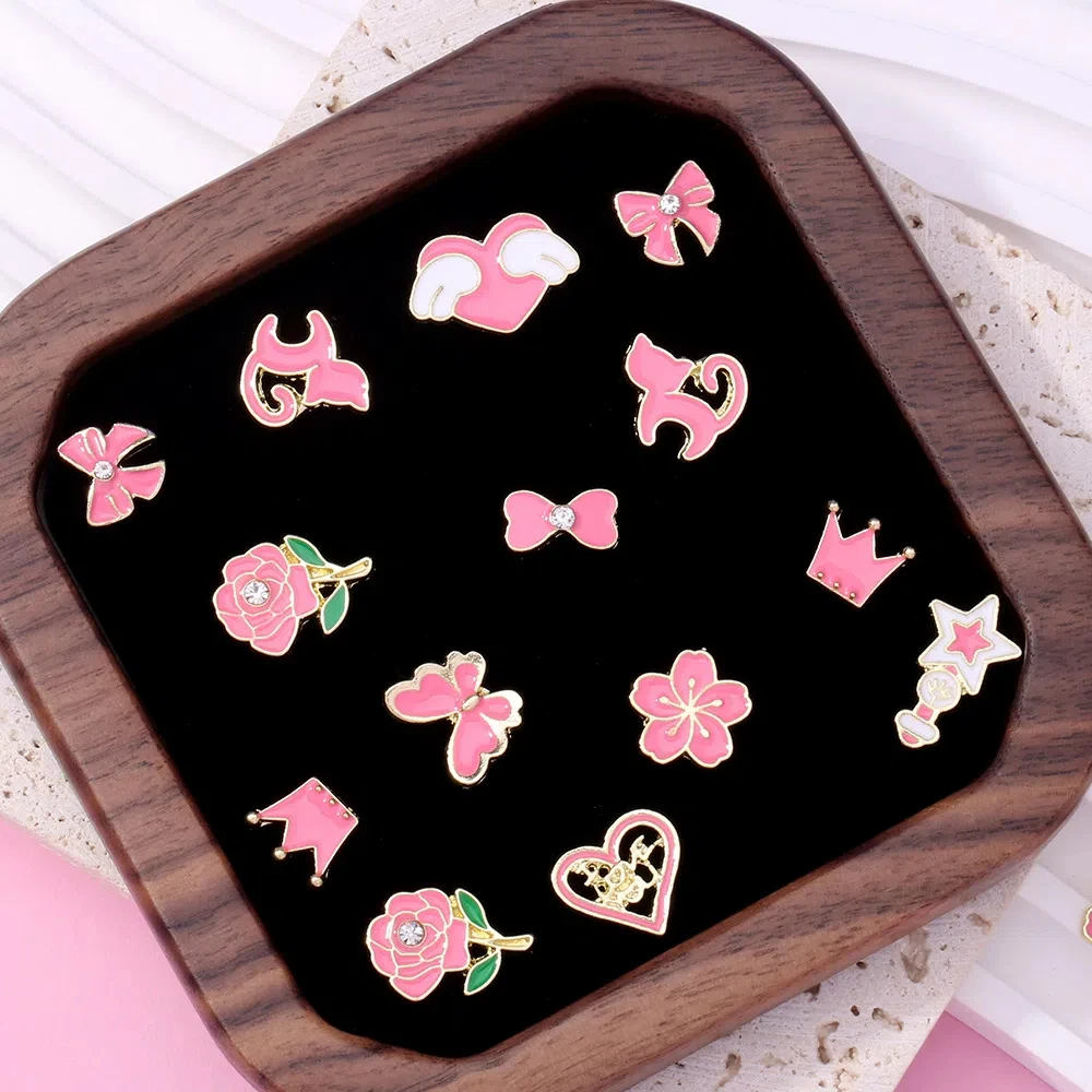 10 قطع الأزياء الوردي المينا الأظافر سحر زهرة القلب Bowknot سبيكة DIY مسمار الزينة جميلة الجناح المعلقات مسمار الفن مجوهرات
