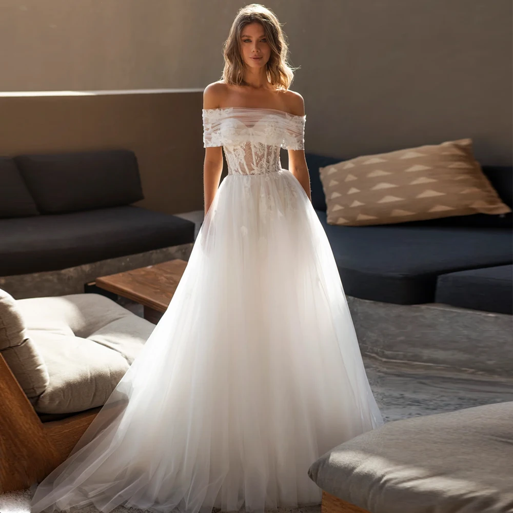 

Luxury Tulle A Line Wedding Dresses Strapless Detachable Bolero Bridal Growns Applique Floral Lace Sweep Vestidos De Novia 2024