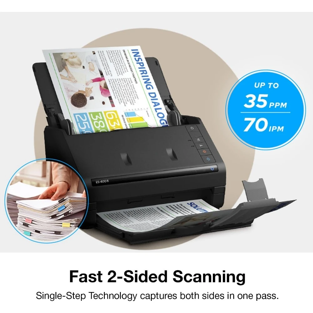 Scanner de documentos de mesa duplex colorido Workforce ES-400 II para PC e Mac, com alimentador automático de documentos (ADF)