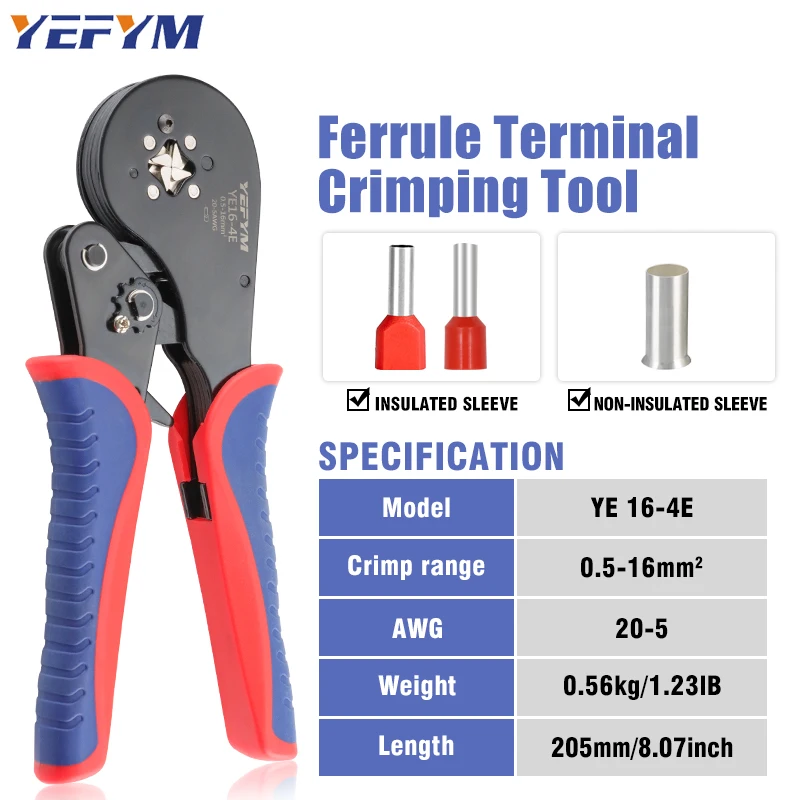 Ferrule Crimping Tools YE 16-4E 0.5-16mm²/20-5AWG Tubular Terminal Mini YEFYM Pliers For Large Size Terminals Electrical Clamps