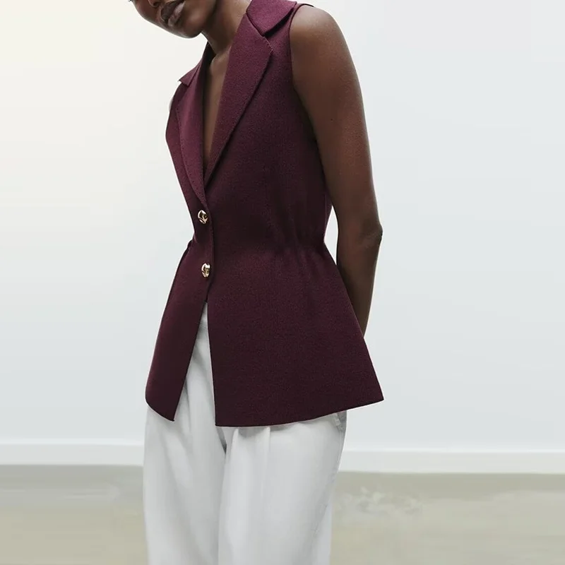 

Spring 2025 Women's Knitted Vest Waist Cinched Pleated Button Detail Street Sle Pure Color Polyester Fiber 00% Vest Top