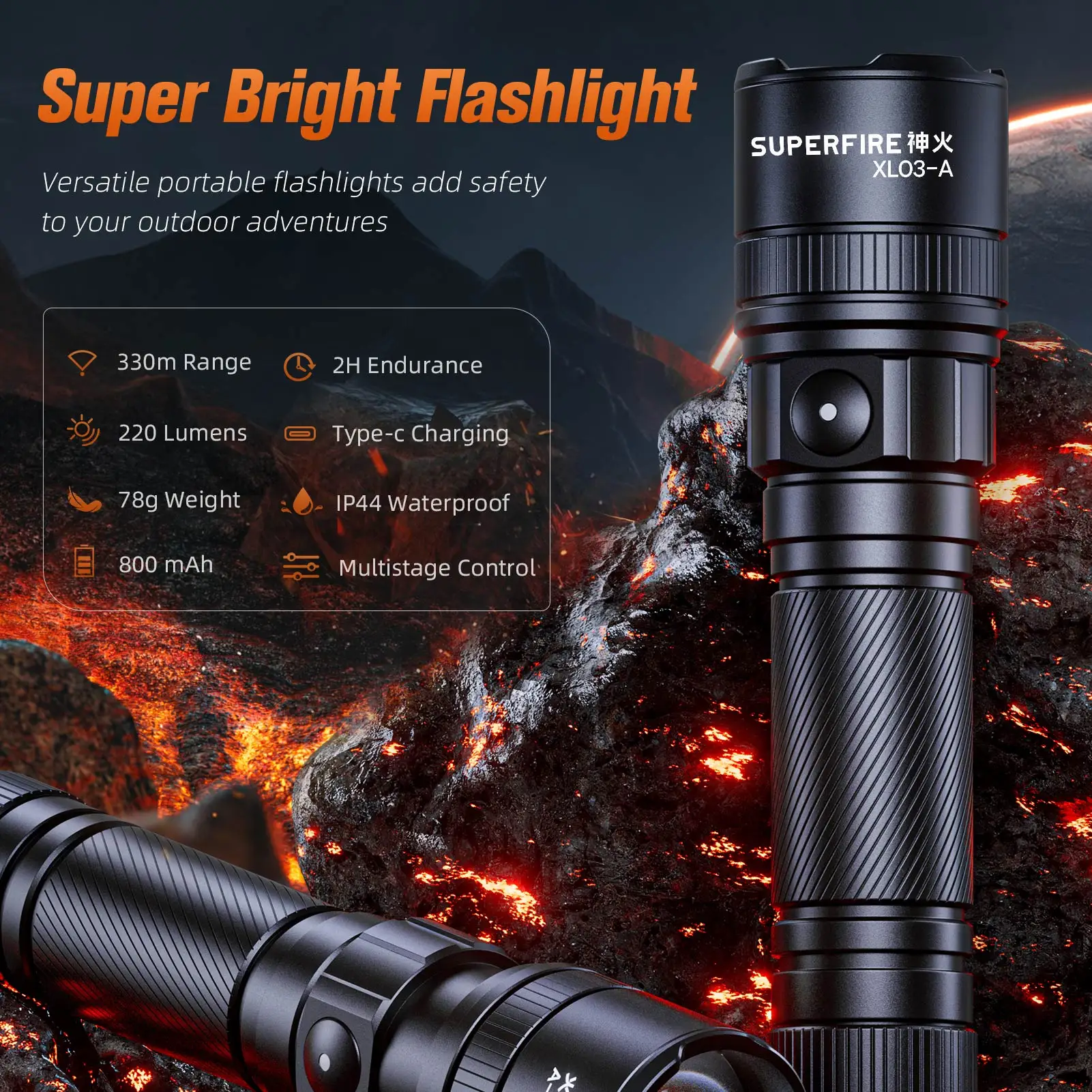 SUPERFIRE XL03-A High power led flashlight Telescopic Zoom Tactical edc Torch Portable rechargeable USB 18650 Camping Lantern