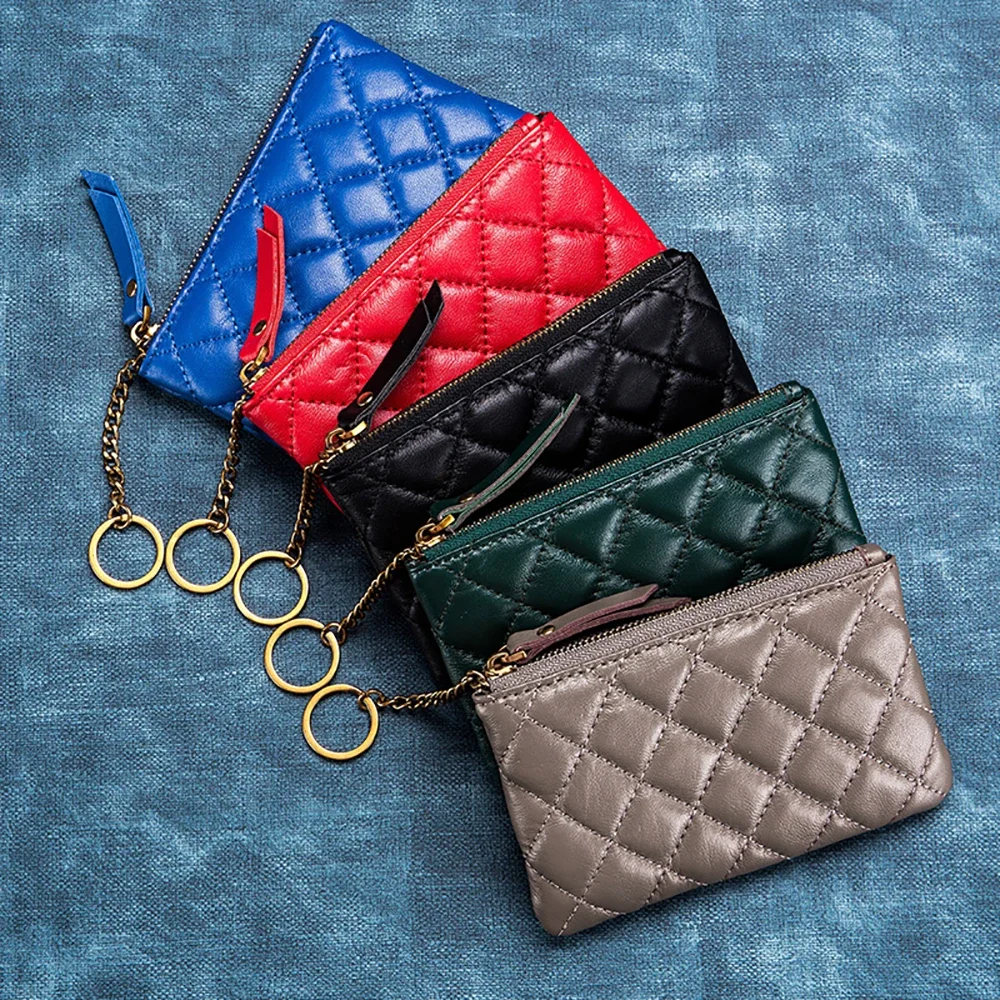 Couro genuíno Mini Coin Purse, Bolsa de pele de carneiro, carteira pequena mudança, meninas sacos, marca de moda, chaveiro saco, novo designer