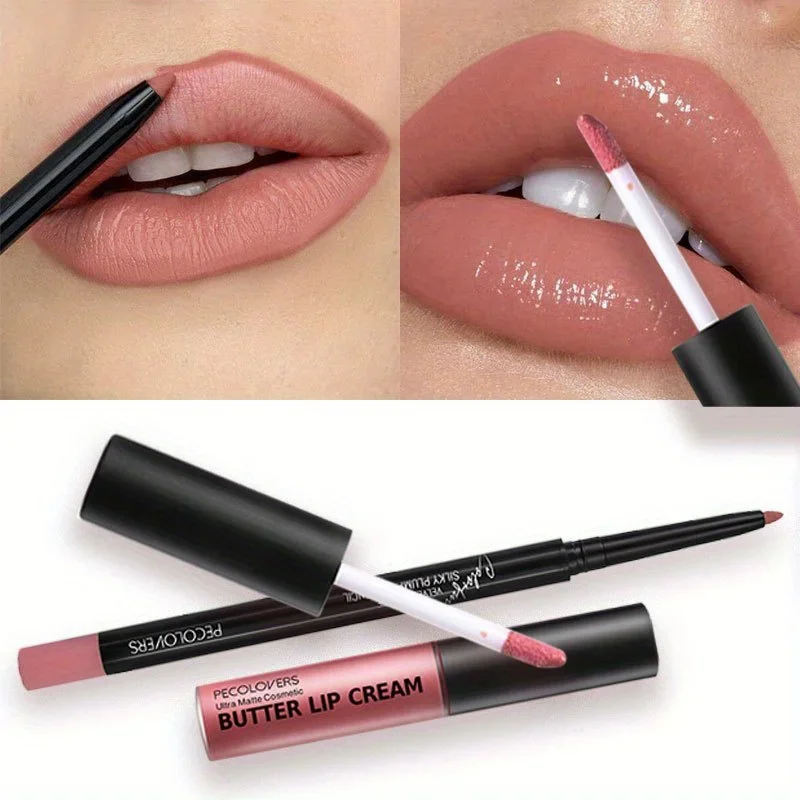 Juego de esmalte de labios Nude Butter + Lápiz Delineador de labios, brillo de labios impermeable de larga duración para mujeres, cobertura completa, efecto suave, 1 Juego