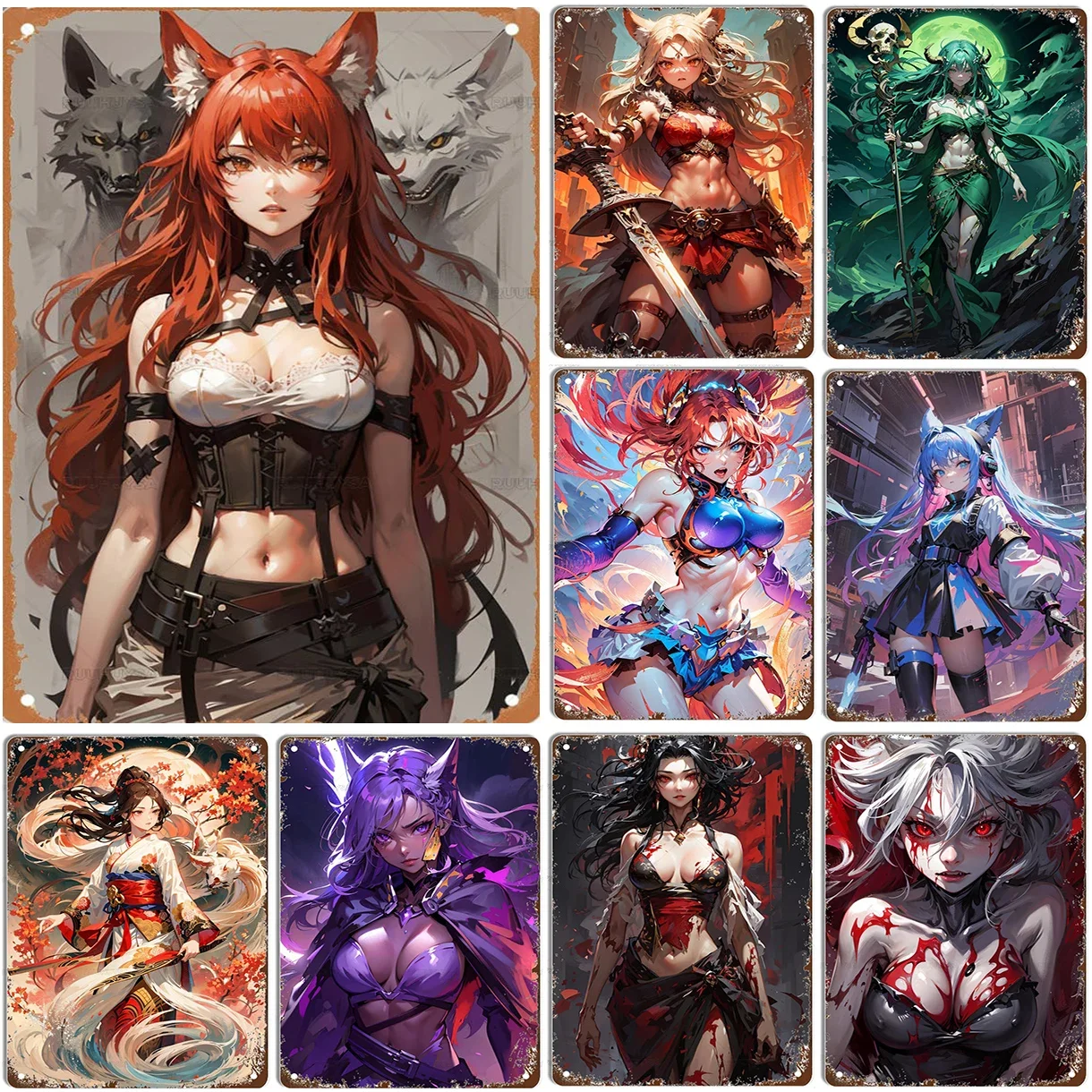 Letreros de metal de chicas zorras de anime, carteles de pared de cómic, placa decorativa vintage de hierro pintado para el hogar, cafetería, sala de juegos, letrero de club