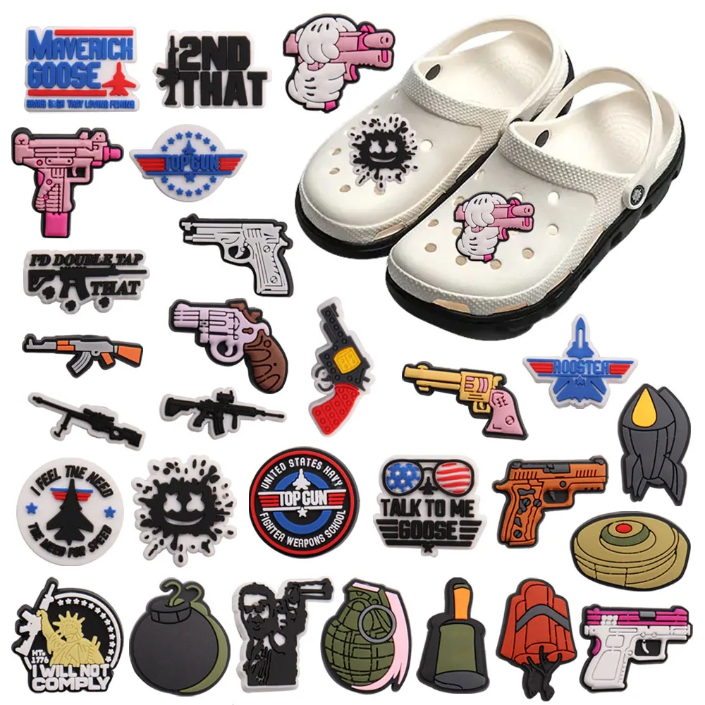 Hot Sale 1-28pcs PVC Shoe Accessories Toy Pistol Revolver Grenade Mode Shoes Charms Decoration Fit Boys Girls Party Present