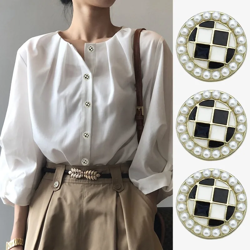 Fcxdg-シンプルパールメタルボタン、白黒、chessboardグリッド、象眼細工、カーディガン、シャツ、カフリンクス、襟、エレガント、10個
