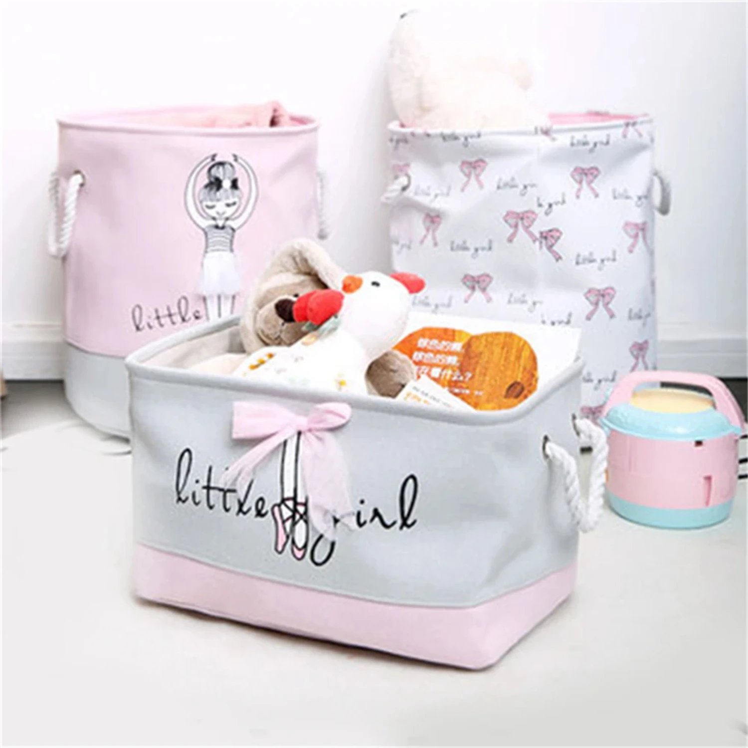 Kids Laundry Basket Organizer Cotton Linen Ballet Girl Bow Print Toys Storage Basket Home Organization For Dirty Clothes