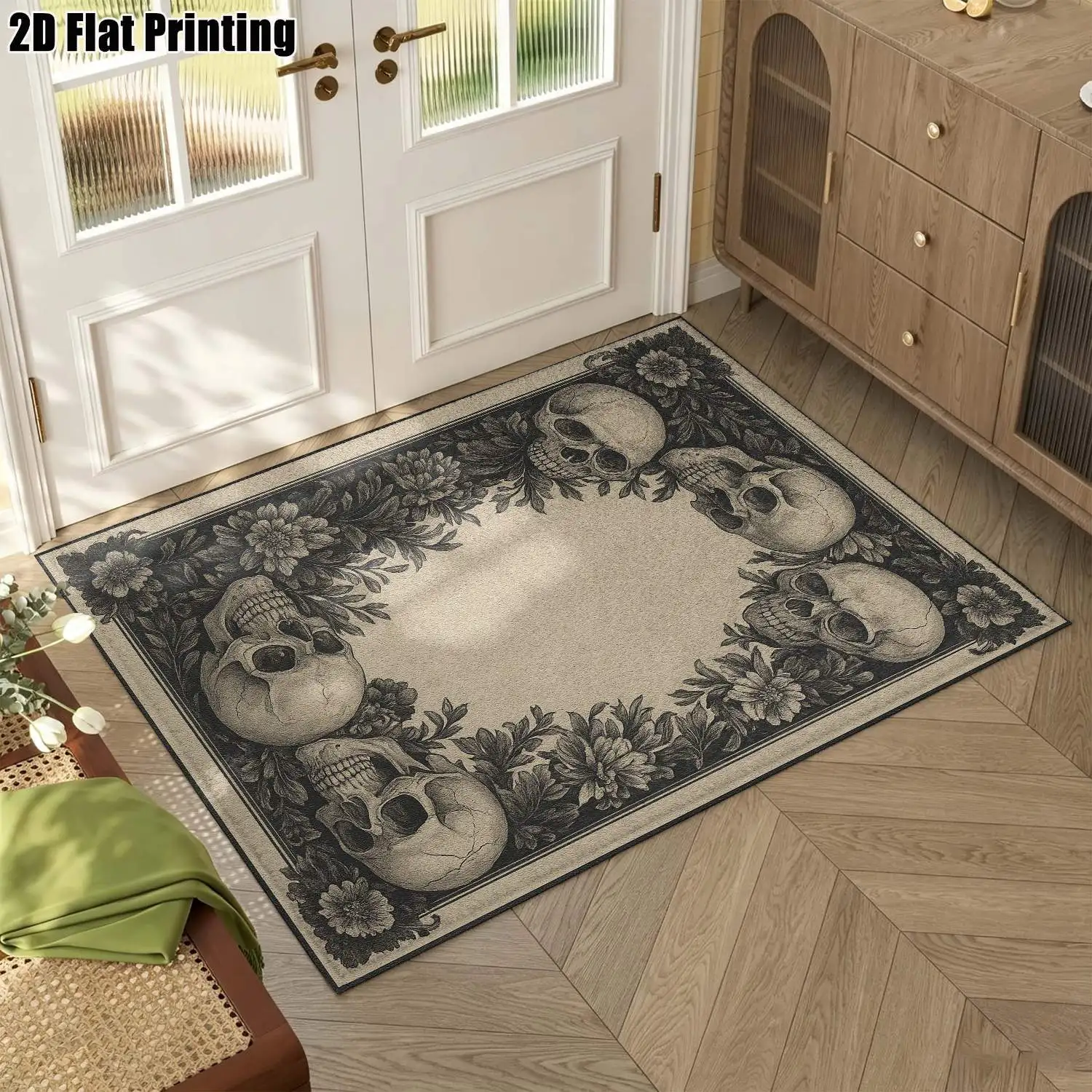 1Pc 2D Printed Carpet: Retro Skull & Flower Pattern, European/Bohemian Style, Machine Washable, Multi-Size for Home Decor