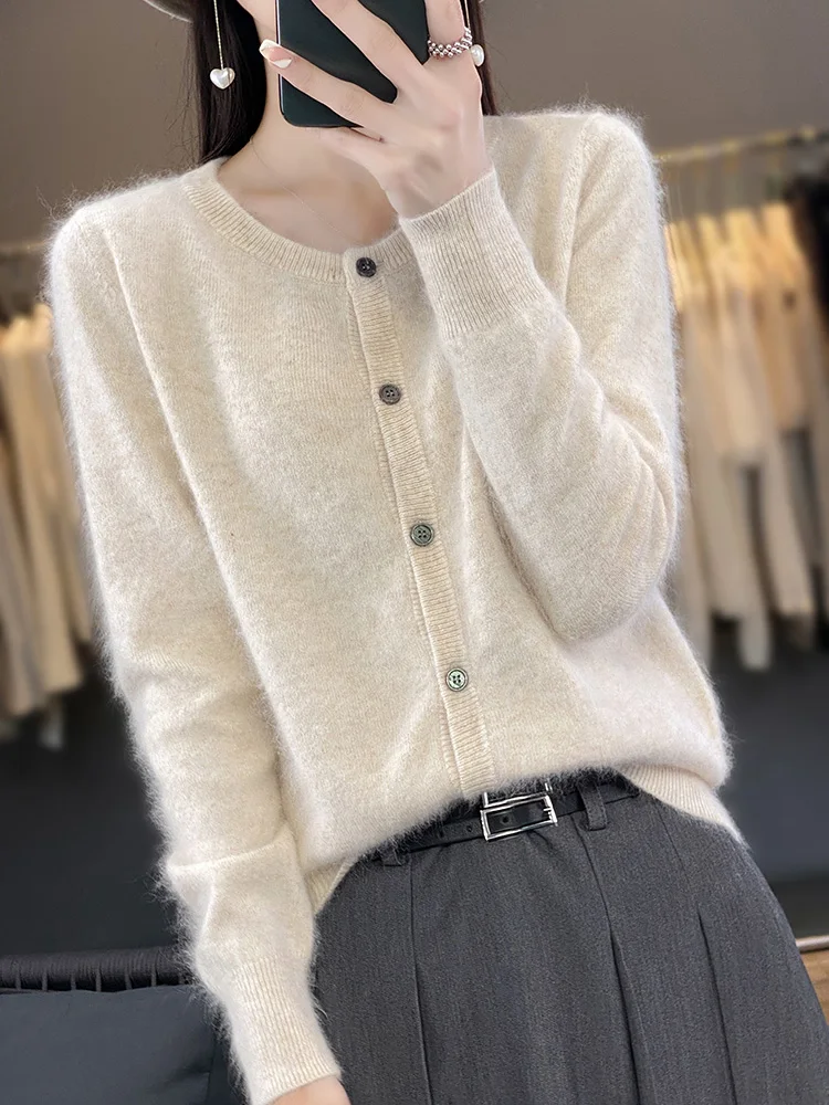 Women Quality 100% Mink Cashmere Cardigan Basic O-Neck Sweaters Autumn Winer Female Solid Color Knitwear Clothing Tops