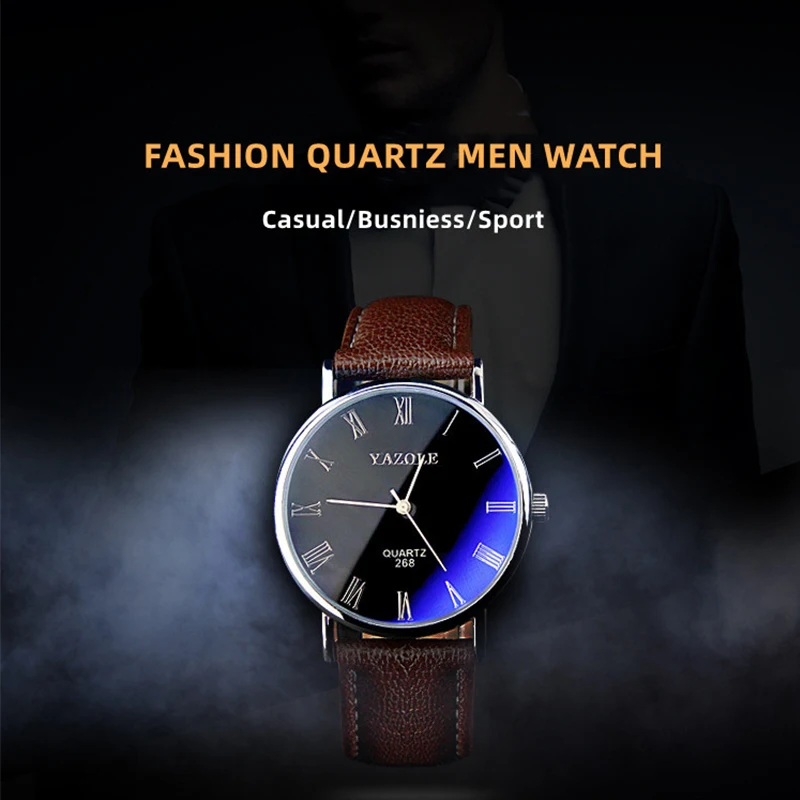 YAZOLE Men Watches Roman Numerals Blu-Ray Faux Leather Band Analog Quartz Watch Fashion Business Men\'s Wrist Watch Reloj Hombre