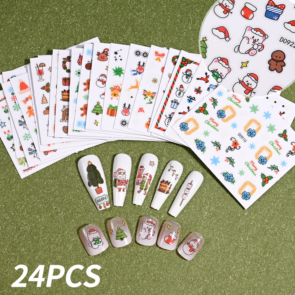 24pcs Graffiti Santa Claus Christmas Nail Sticker Cartoon Snowman Elk Pine Tree New Year Nail Decals Kawaii Winter Nail Sliders