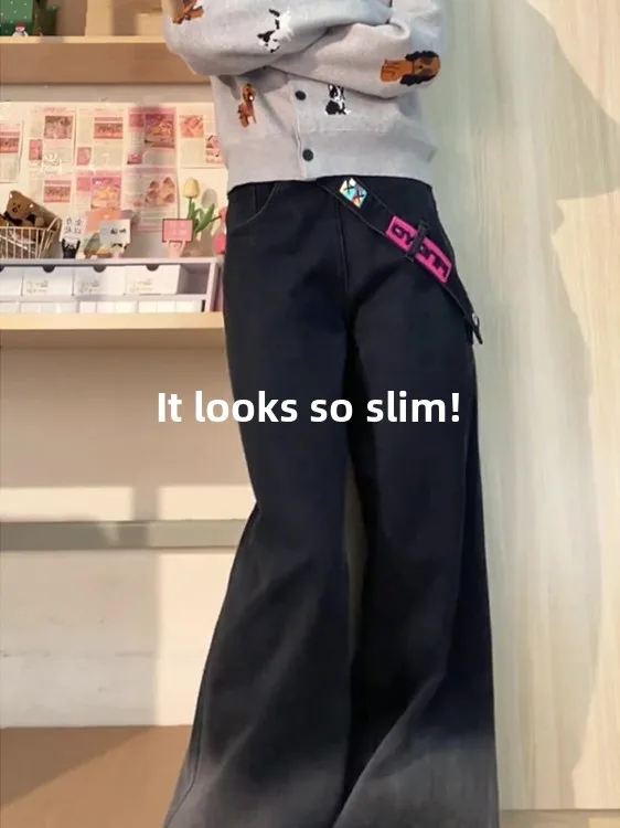 High Waist Straight Leg Gradient American Retro Zipper Side Denim Jeans Women plus Size Autumn Winter New Style Casual Loose Fit