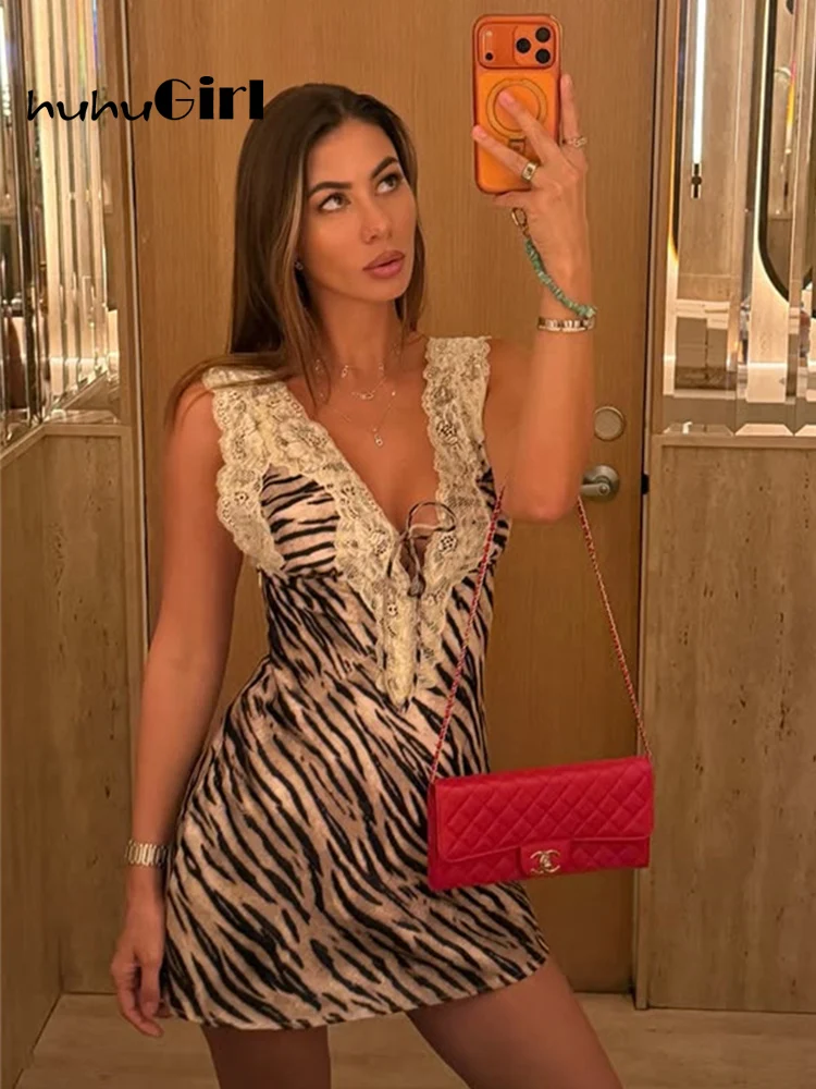 Image of HUHUGIRL Mini-Kleider, Spitze, Patchwork, Leopardenmuster, V-Ausschnitt, sexy, figurbetont, für Damen, Streetstyle, ärmellos, lässig.