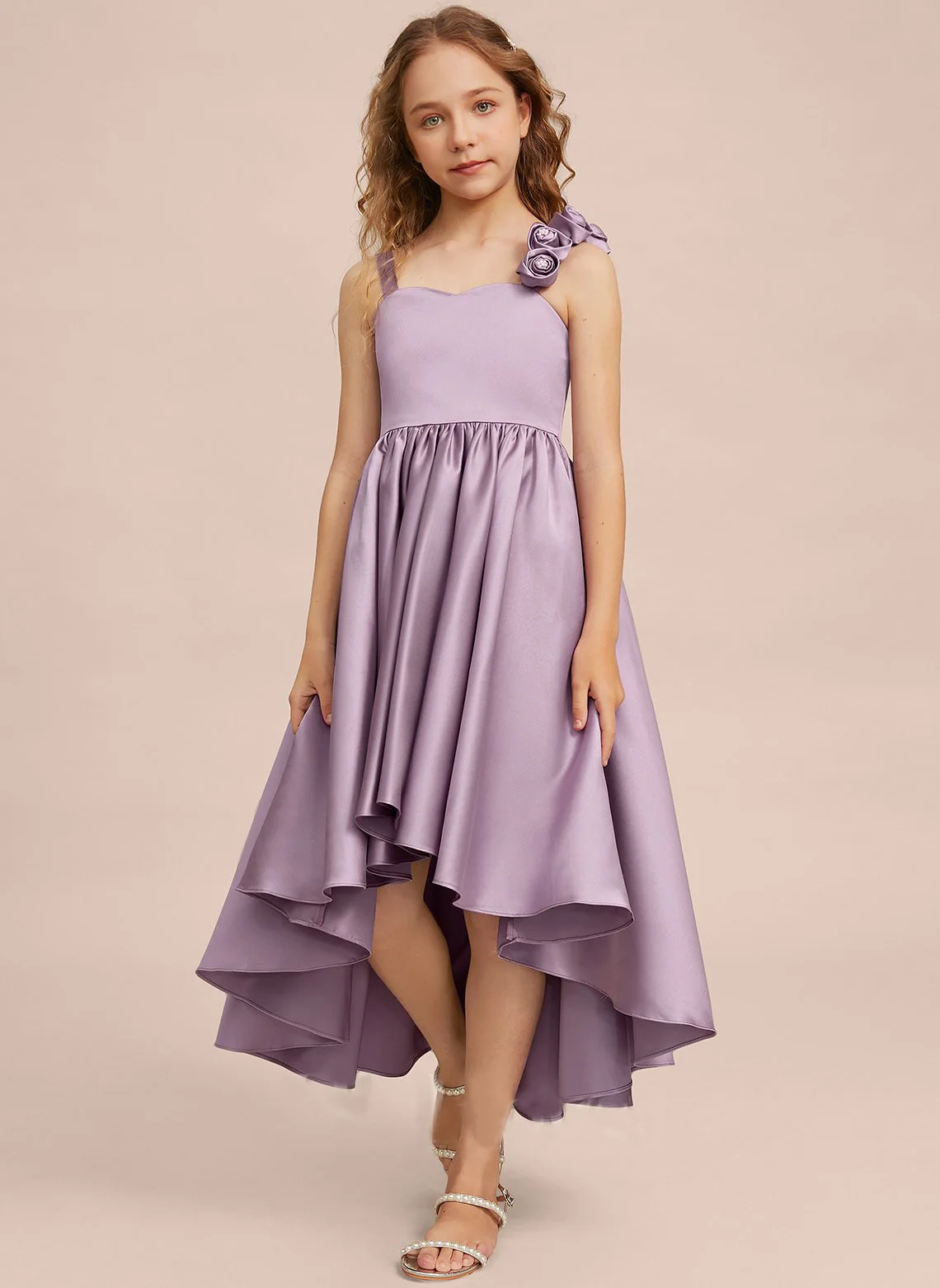 dress/Girl dresses/Princess Sweetheart Asymmetrical Satin Junior Bridesmaid Dress With Flower/Customizable