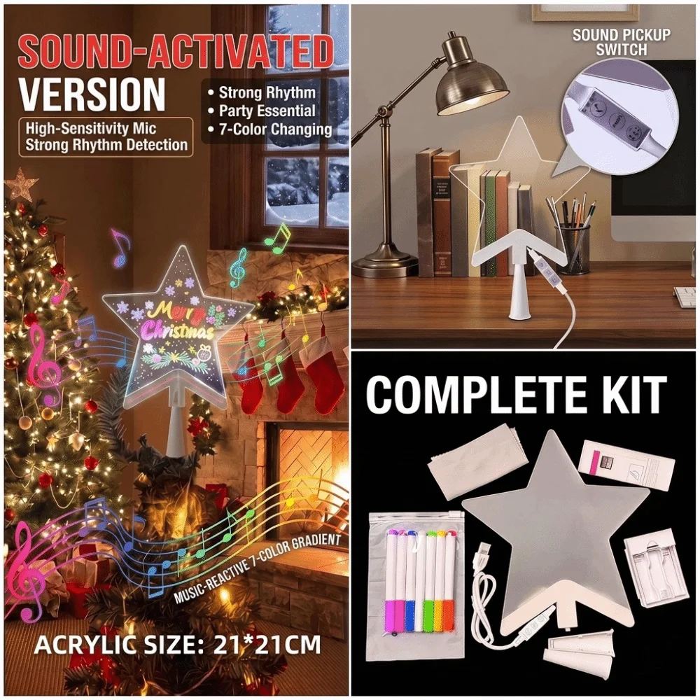 USB Powered Christmas Tree Topper LED Light Acrylic Pentagram Light Soft Glowing Light Erasable Hand Drawing Surface