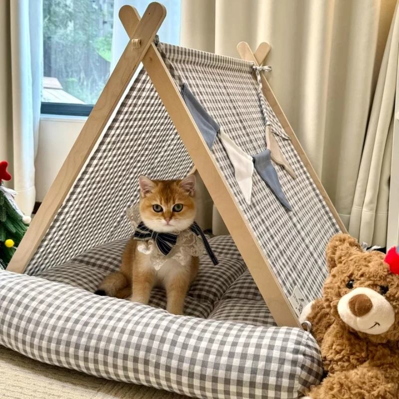 

Plaid Pet Tent House Semi-Enclosed Cat & Dog Shelter Summer Breathable Kennel Universal Pet Bed with Removable Indoor Cozy Den