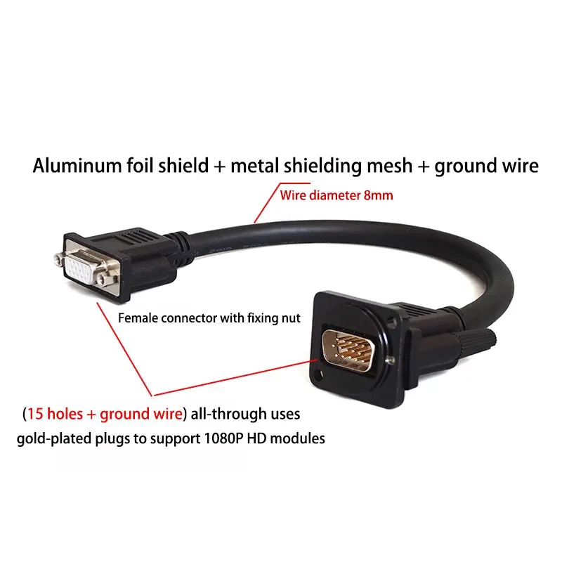 VGA DB15 D-type Male and Female Dual-Pass Solder-Free Strip Line Straight through 1080 HD Extension Full Pin Straight Plug 5m
