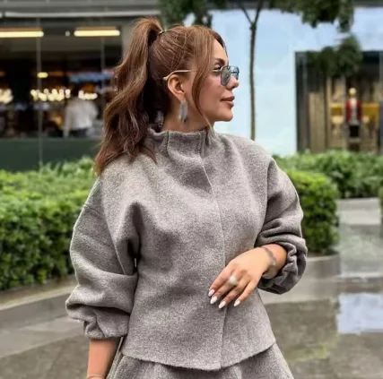 Heather Gray Ruffle Stand Collar Jacket Hidden Snap Buttons Lantern Puff Sleeve Loose Cropped Elegant Fashion Outerwear Coat 06H