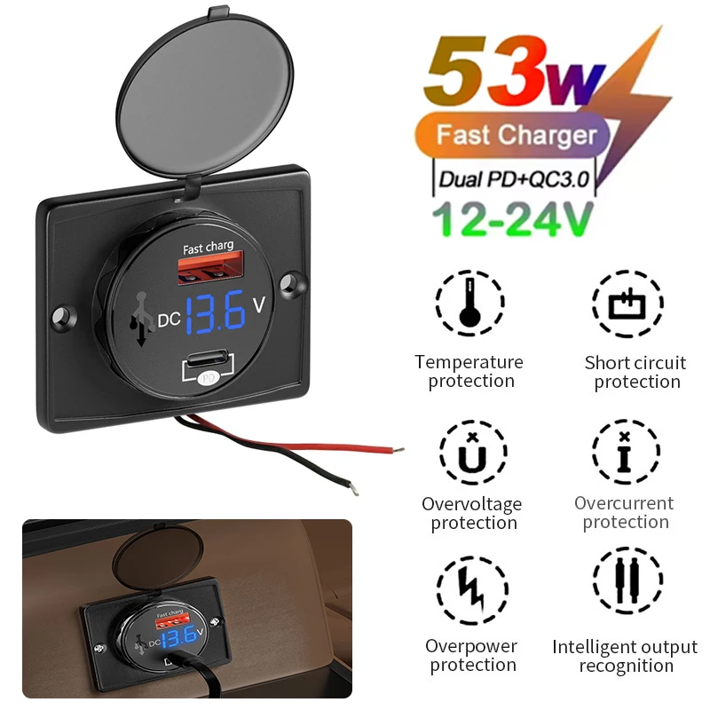 

PD30W QC22.5W Зарядное устройство для автодома Быстрое зарядное устройство Настенное крепление USB-разъем с дисплеем напряжения и крышкой для автомобиля-кемпера Лодка 12 В-40 В