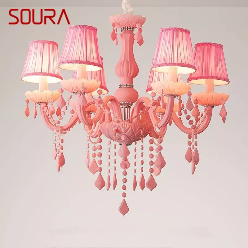 SOURA Pink Crystal Pendent Lamp Art Girls' Room Candle Lamp Children's Room Living Room Restaurant Bedroom Chandelier