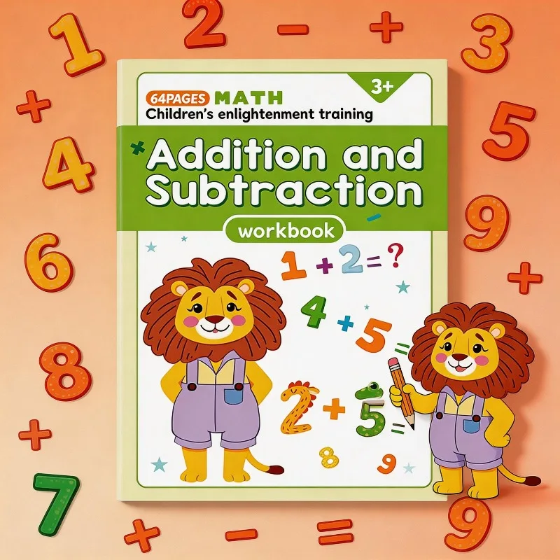 Children's Math Workbook 64 Pages, Addition Subtraction Within 10, Mental Arithmetic Fun Math Interactive Exercises Problem Book