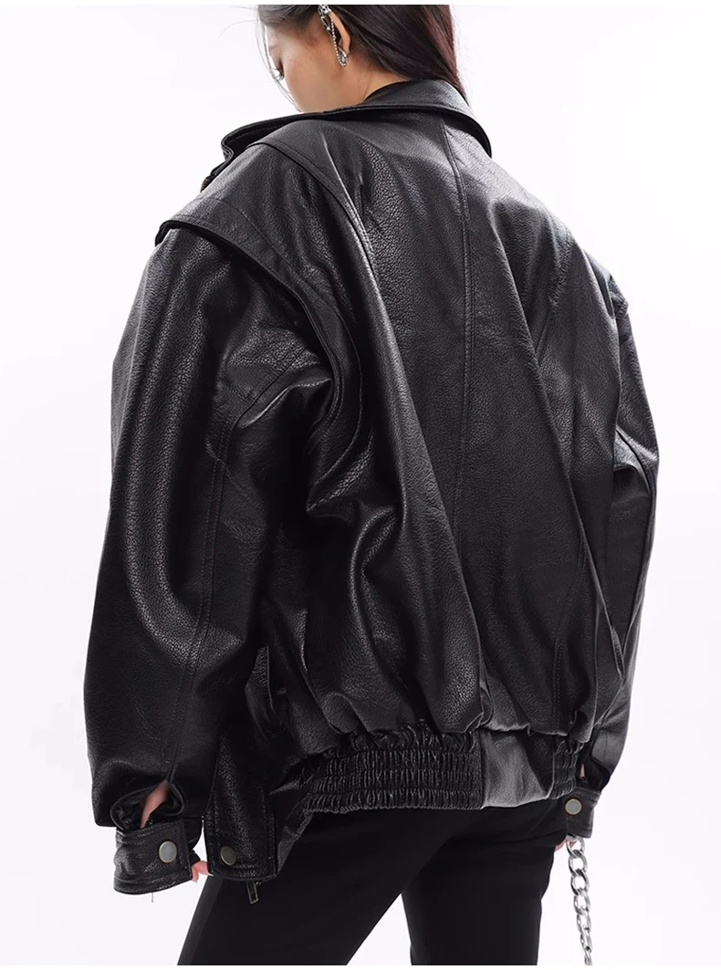 Nerazzurri Spring Autumn Oversized Cool Windproof Thick Black Pu Leather Jacket Women Zip Up Luxury Designer Unisex Clothes 2023