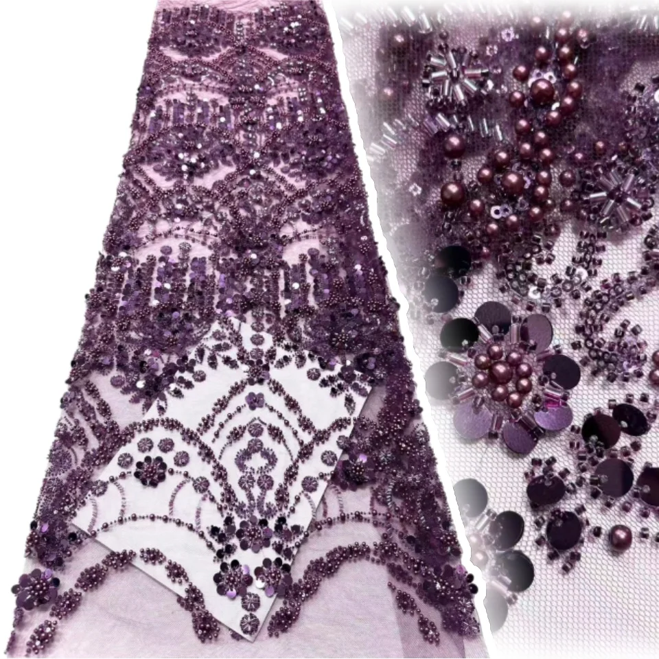 

Purple African Sequin Lace Fabric 2026 High-Quality Beaded Lace Embroidery Lace Fabric Suitable for Wedding Party Dresses 2161