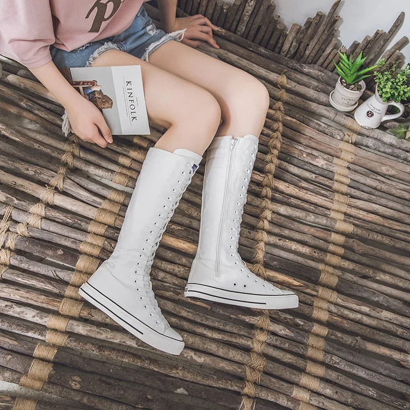 2017 New Fashion 3Colors Women's Canvas Boots Lace Zipper Knee High Boots Boots Flat Shoes Casual High Help Punk Shoes Girls images - 6