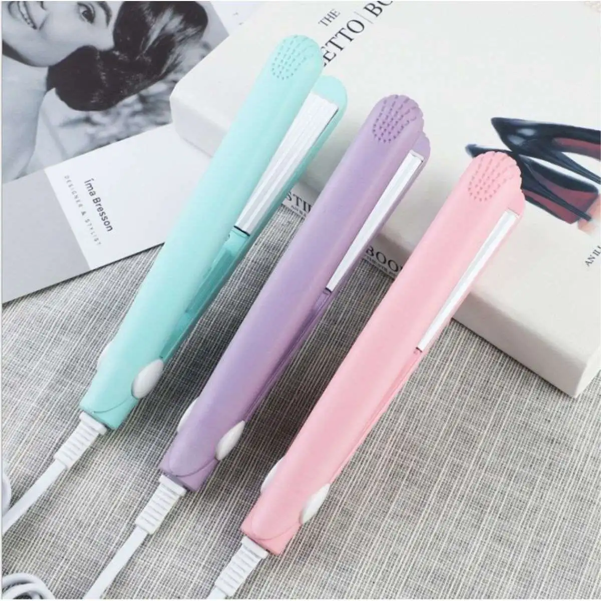 Pro 3 In 1 Mini Hair Iron 200℃ Corrugated Splint Electric Curling Iron Pink Hair Curler Flat Iron Party Travel Modelling Tools