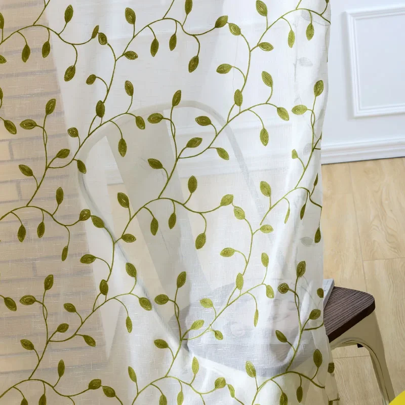 Rustic Green Leaves Embroidered Curtains Sheer Tulle Blue with White Leaves  Blackout Curtains For Living Room Drapes  WP072#4