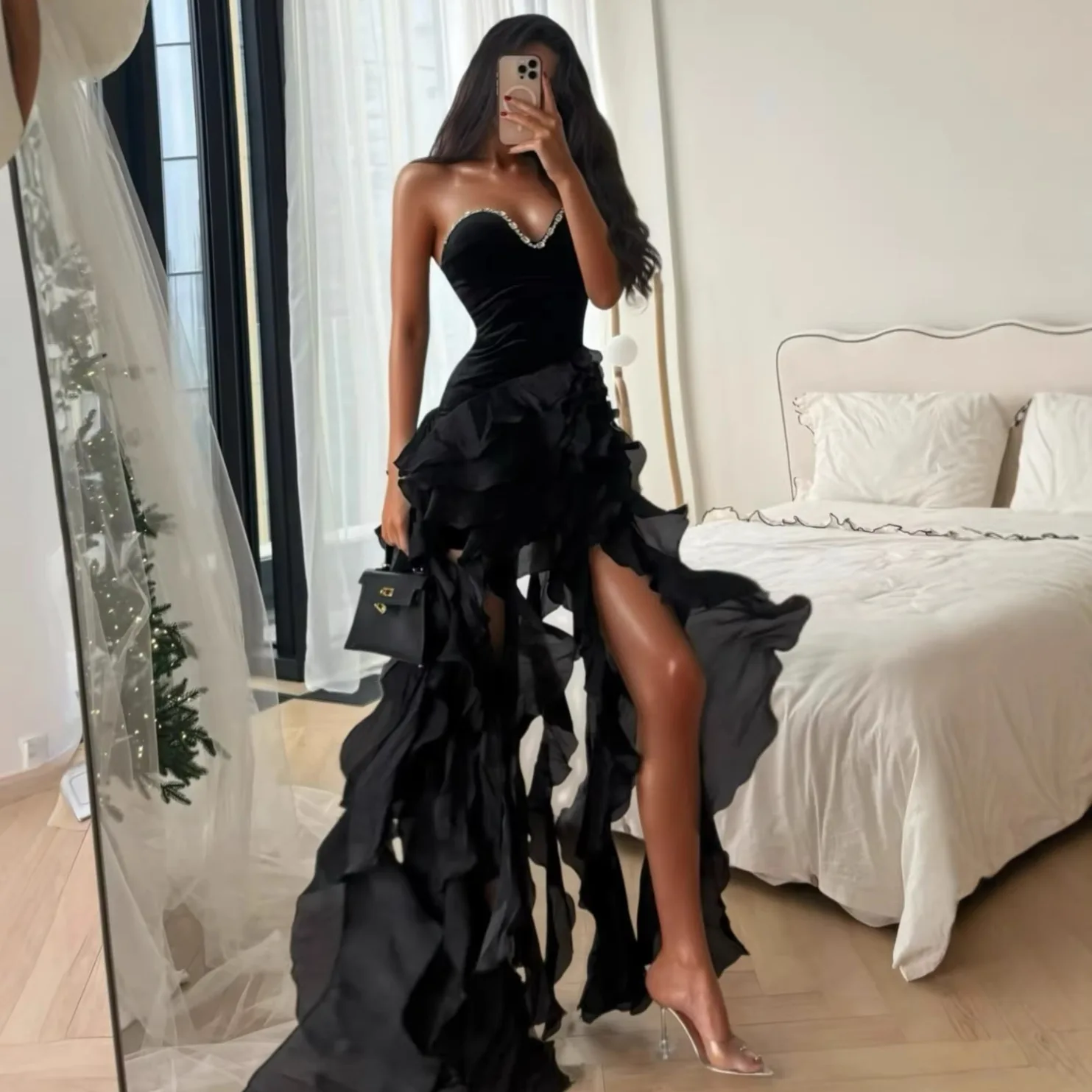 Luxurious Rhinestone Sexy Low Cut Lotus Leaf Edge Skirt Dress European and American Fashion Party Dinner Dress
