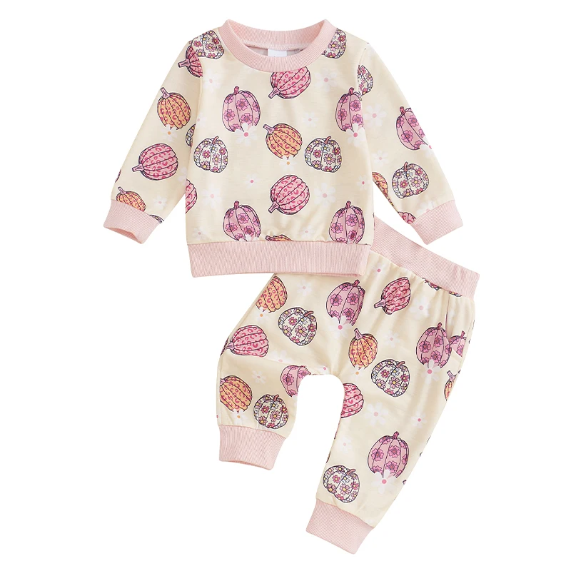 

Baby Girls Outfit Pumpkin Flower Print Long Sleeve Crew Neck Sweatshirt Sweatpants Halloween Clothes