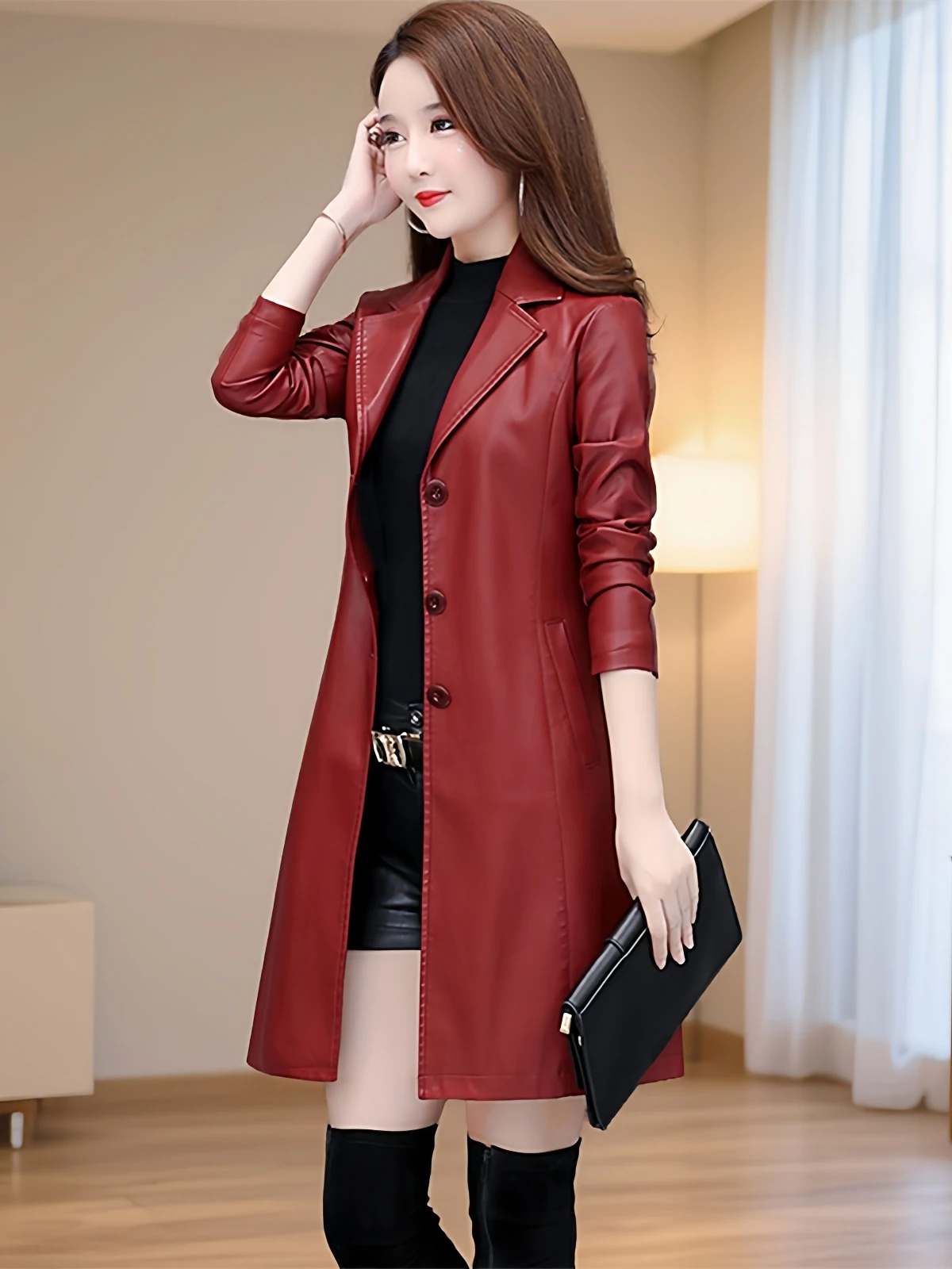 

Женская демисезонная куртка из искусственной кожи средней длины, больших размеров, с эффектом похудения, имитация овчины, новая модная модель для повседневной носки, защита от ветра