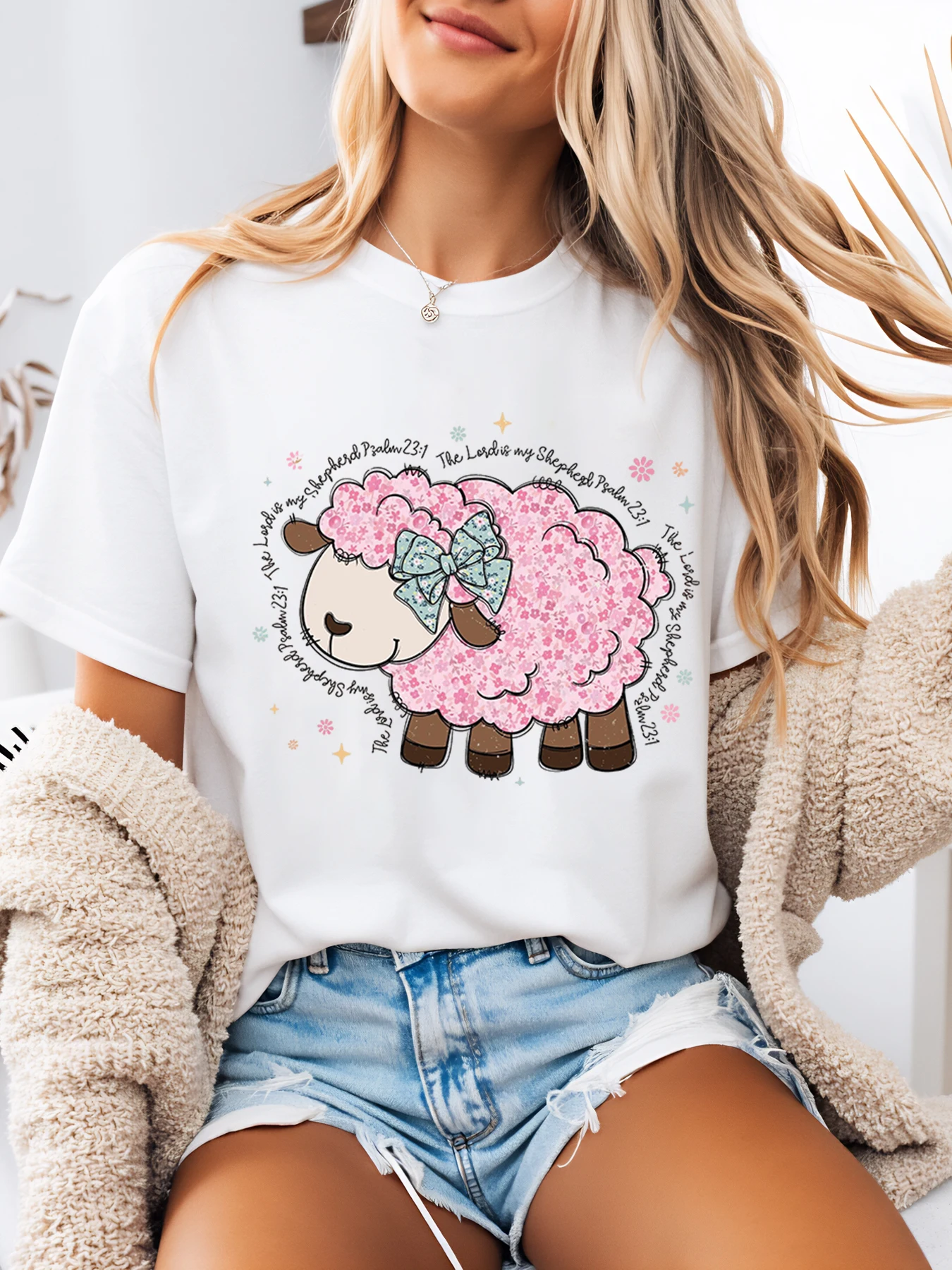 Sheep with Pink Floral Pattern and Bible Verse Easter T-Shirt Women Casual Outfit Spring Summer White Plus-Size