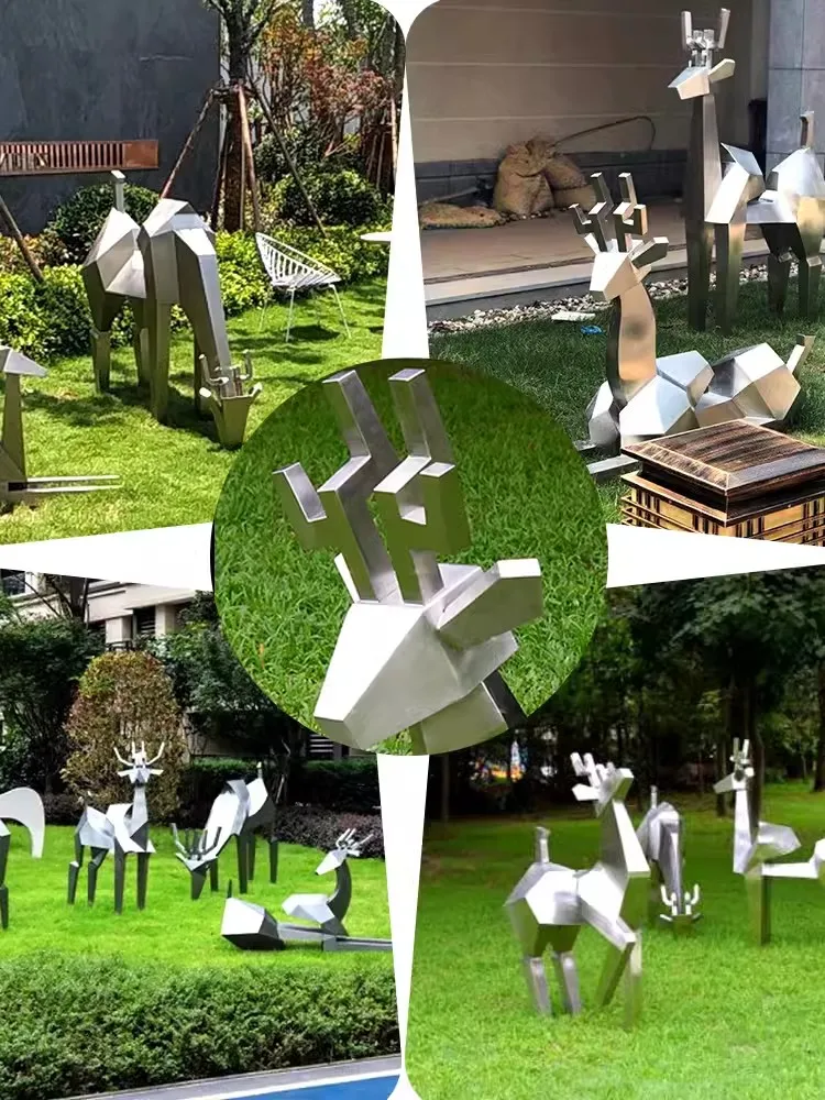 Stainless steel mirror deer sculpture custom sales office courtyard residential outdoor square garden block face deer animal dec