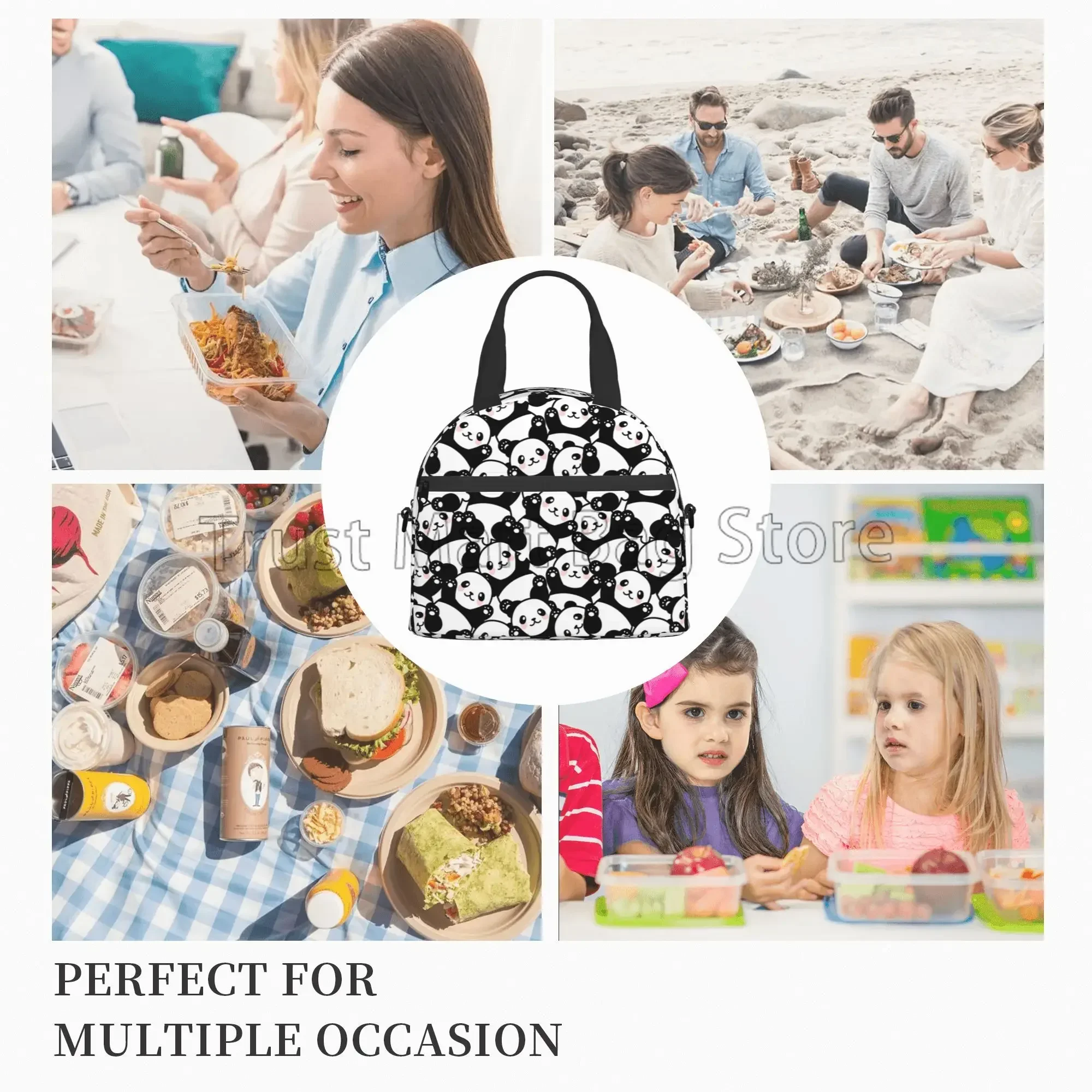 Cute Panda Insulated Lunch Bag for Girl Cartoon Animal Print Thermal Lunch Box Reusable Cooler Bento Tote for Work School Picnic