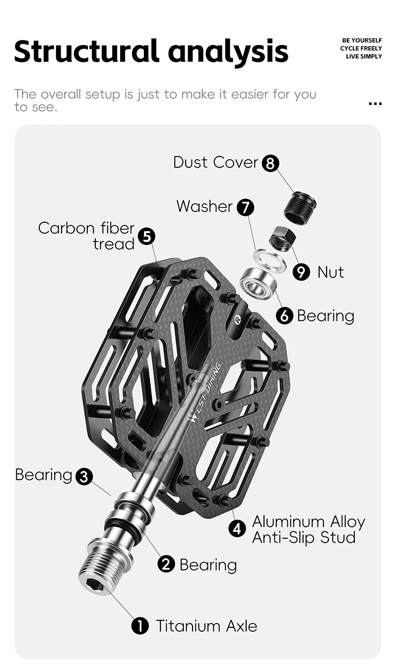 WEST BIKING Carbonfaser-Fahrradpedale 3 Gedichtete Lager Titan-Achse Rutschfeste MTB Rennrad Leichtgewichtige Pedale Fahrradteile – Detail 4