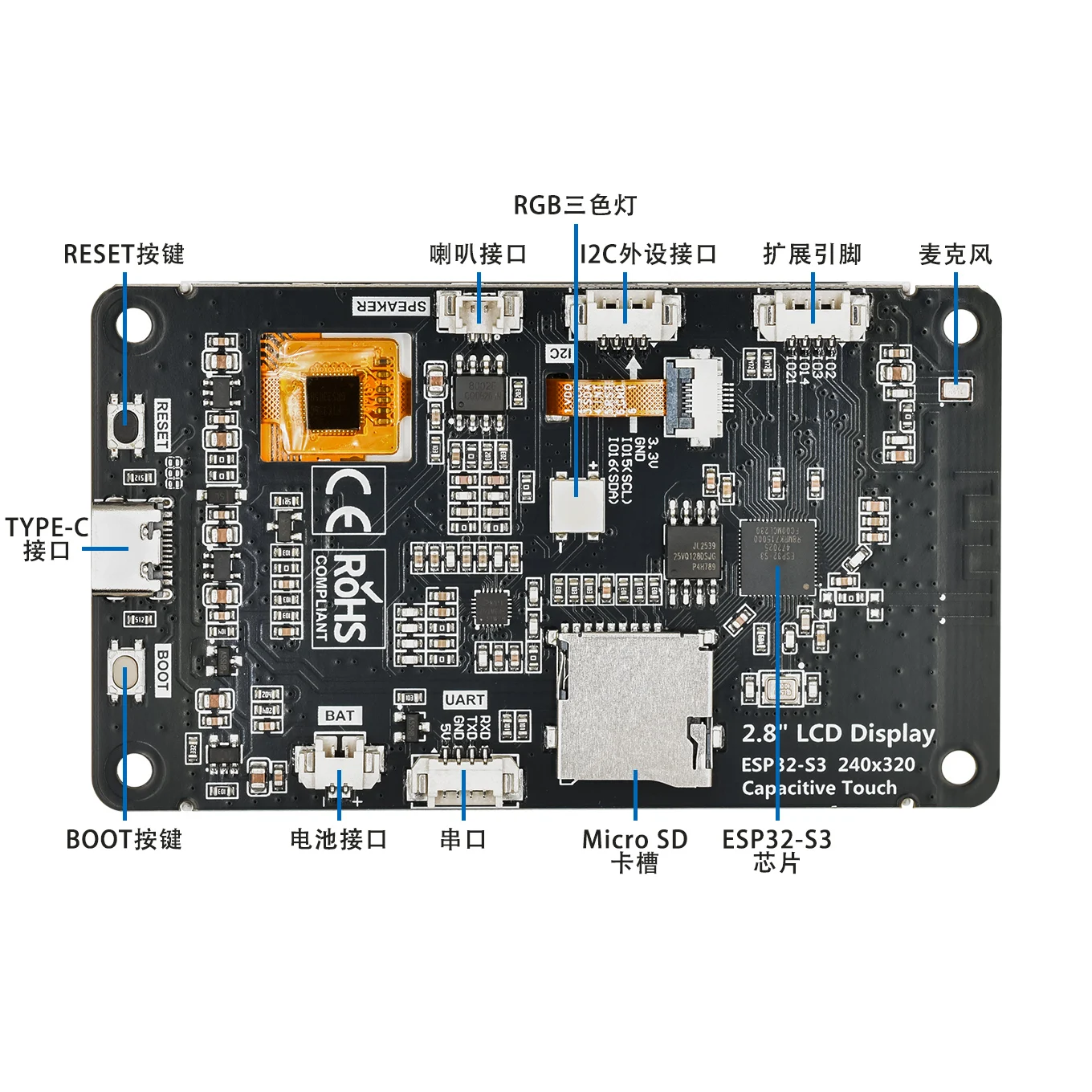 ESP32-S3 Development Board with 2.8-Inch Touch Screen Dual Core Processor WIFI Bluetooth Smart Display Module for AI Projects